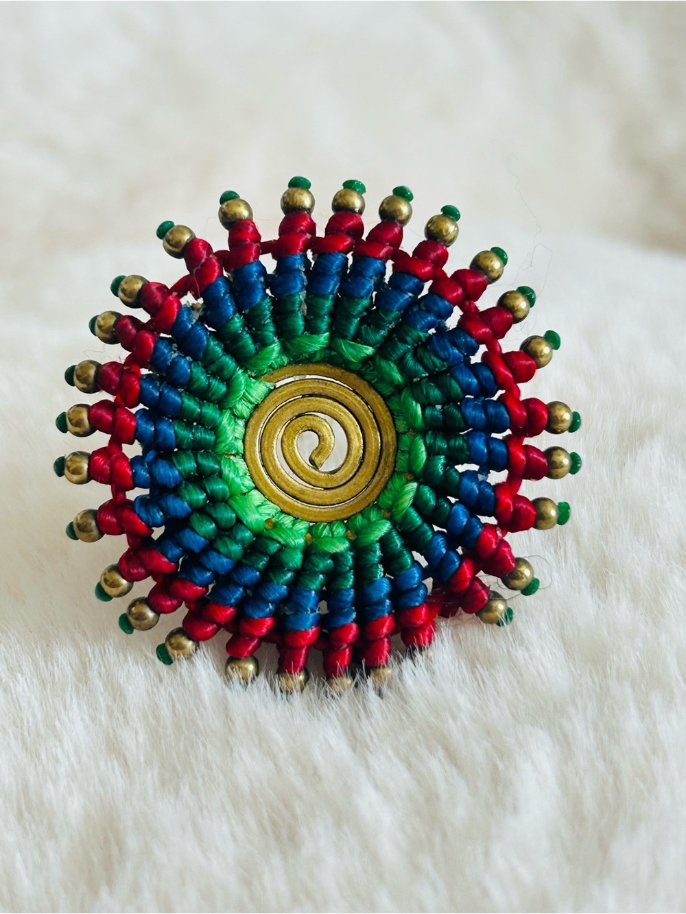 Handwoven multi  color macrame and copper ring